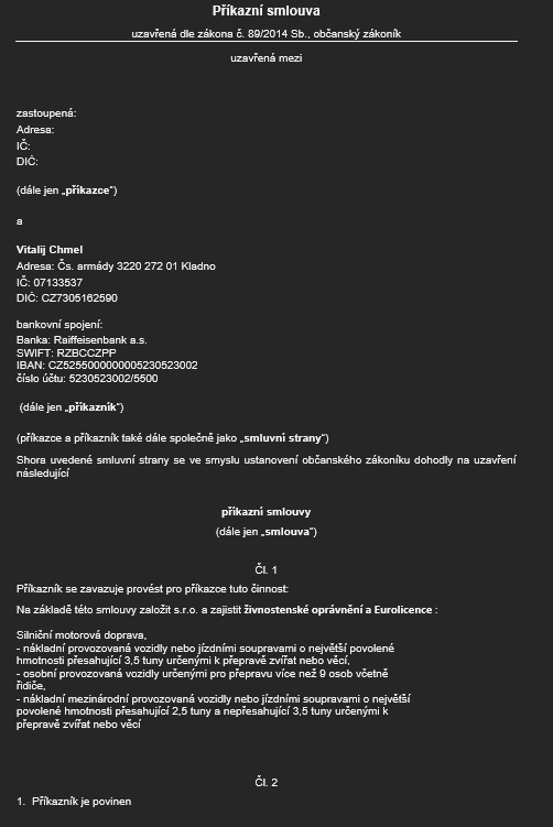 Příkazní smlouva — официальный договор с клиентом, расторжение в любой момент без штрафа