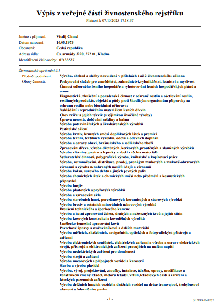 Výpis z veřejné části živnostenského rejstříku — Vitalij Chmel, IČO 07133537